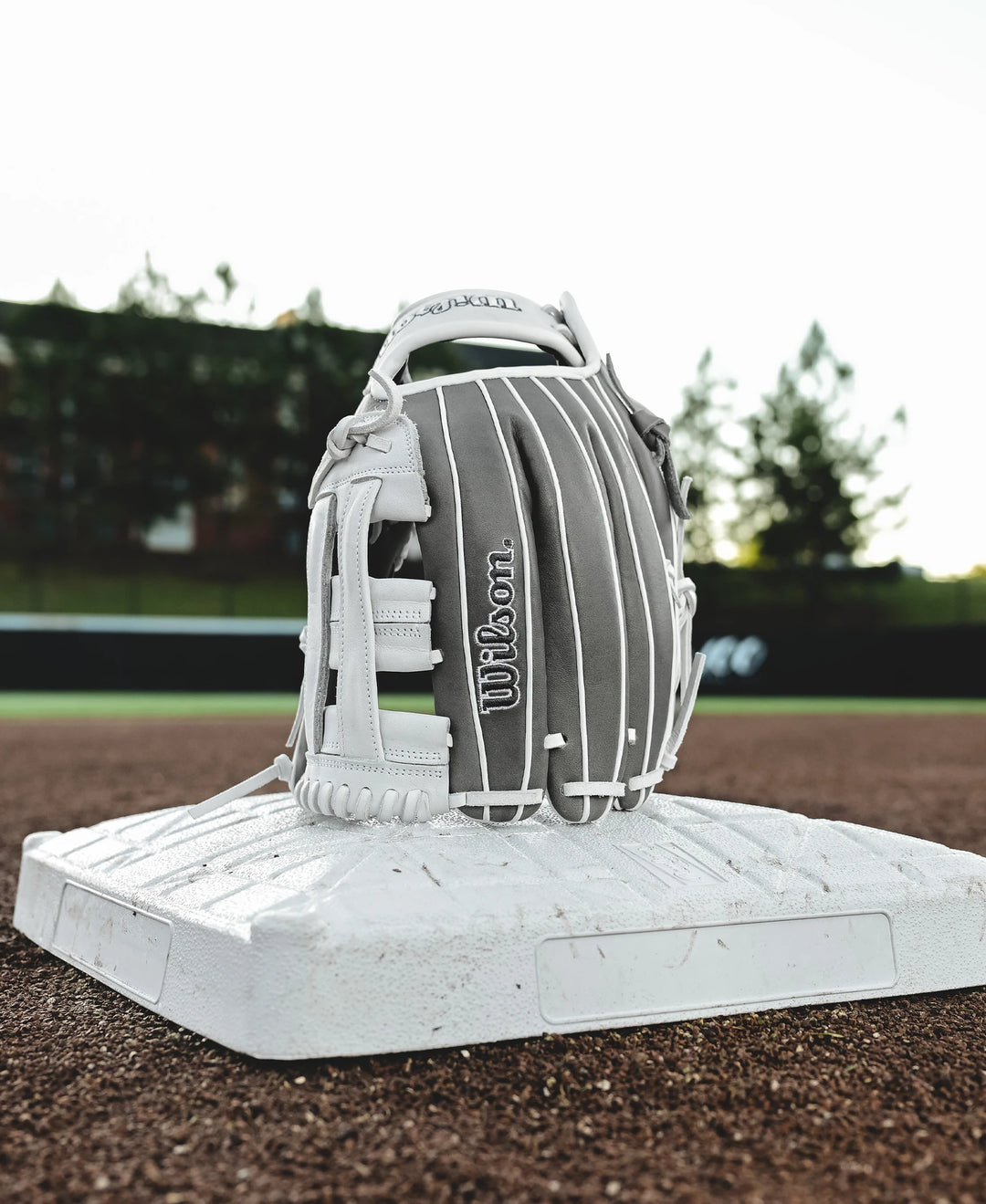 A Wilson A1000 IF12 12" Fastpitch Glove (gray/white), crafted from Full Grain leather, stands upright on a white base on a baseball field, with grass, dirt, and trees in the background.