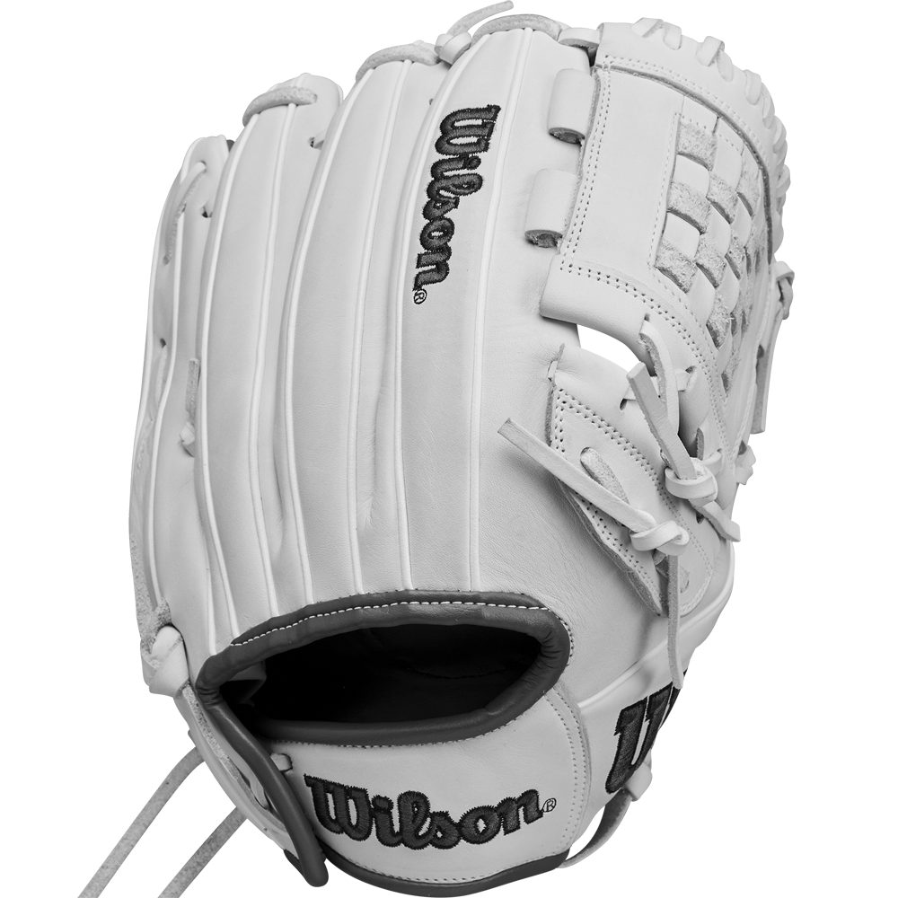 The Wilson A1000 P12 12" Fastpitch Glove (WBW10259212) is a white Full Grain leather glove with black stitching and an embroidered Wilson logo, shown on a plain white background.