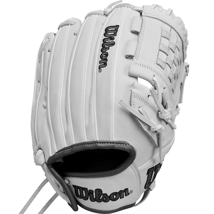The Wilson A1000 P12 12" Fastpitch Glove (WBW10259212) is a white Full Grain leather glove with black stitching and an embroidered Wilson logo, shown on a plain white background.