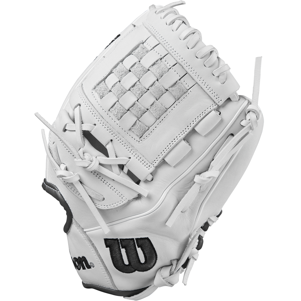 The Wilson A1000 P12 12" Fastpitch Glove (WBW10259212) is a white Full Grain leather glove with a woven web, detailed stitching, and a black W Wilson logo on the wrist, shown against a plain white background.