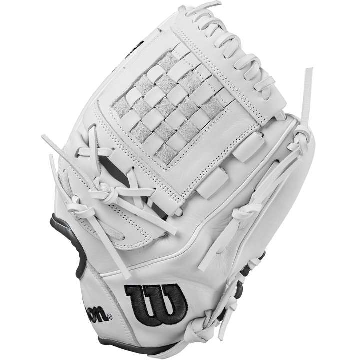 The Wilson A1000 P12 12" Fastpitch Glove (WBW10259212) is a white Full Grain leather glove with a woven web, detailed stitching, and a black W Wilson logo on the wrist, shown against a plain white background.