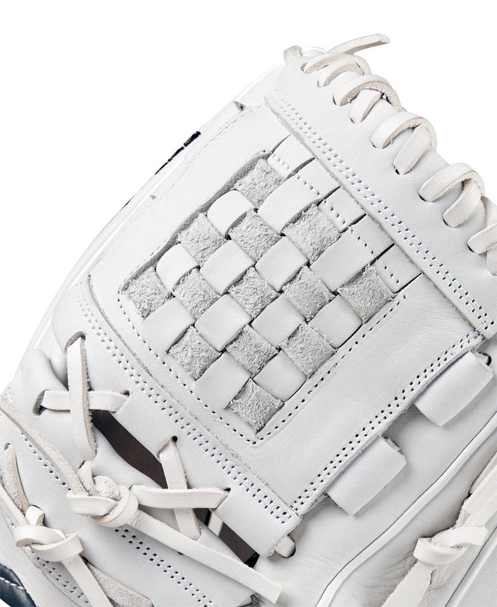 Close-up of the Wilson A1000 P12 12" Fastpitch Glove (WBW10259212), featuring detailed stitching, laces, and a woven pocket pattern on white full grain leather against a plain background.