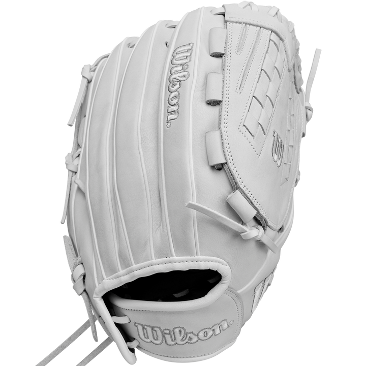 The Wilson A1000 V125 12.5" Fastpitch Glove (WBW102594125) is a white, full-grain leather outfield glove featuring visible stitching and embossed Wilson logos, shown from an angle emphasizing its pocket and webbing.