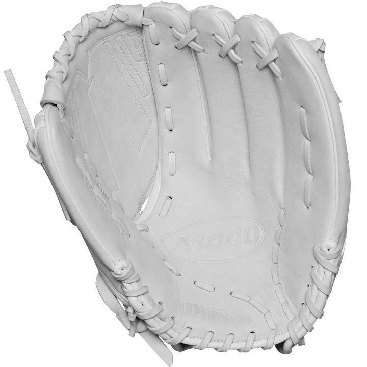 The Wilson A1000 V125 12.5" Fastpitch Glove (WBW102594125), made from full grain leather with visible stitching and laces, is shown open with its palm facing the viewer against a plain white background.