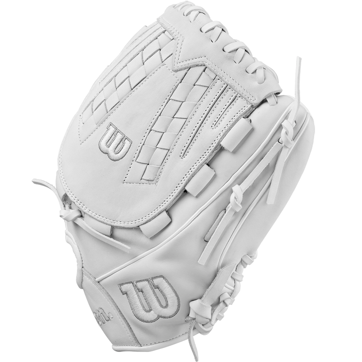 The Wilson A1000 V125 12.5" Fastpitch Glove (WBW102594125) is a white full-grain leather outfield glove with visible stitching, woven webbing, laces, a closed design, and the prominent Wilson “W” logo.