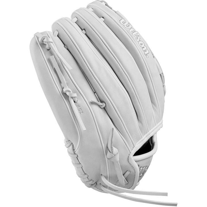 The Wilson A1000 V125 12.5" Fastpitch Glove by Wilson, in white full grain leather, is displayed at an angle to showcase its webbing, laces, and pocket against a plain light background.