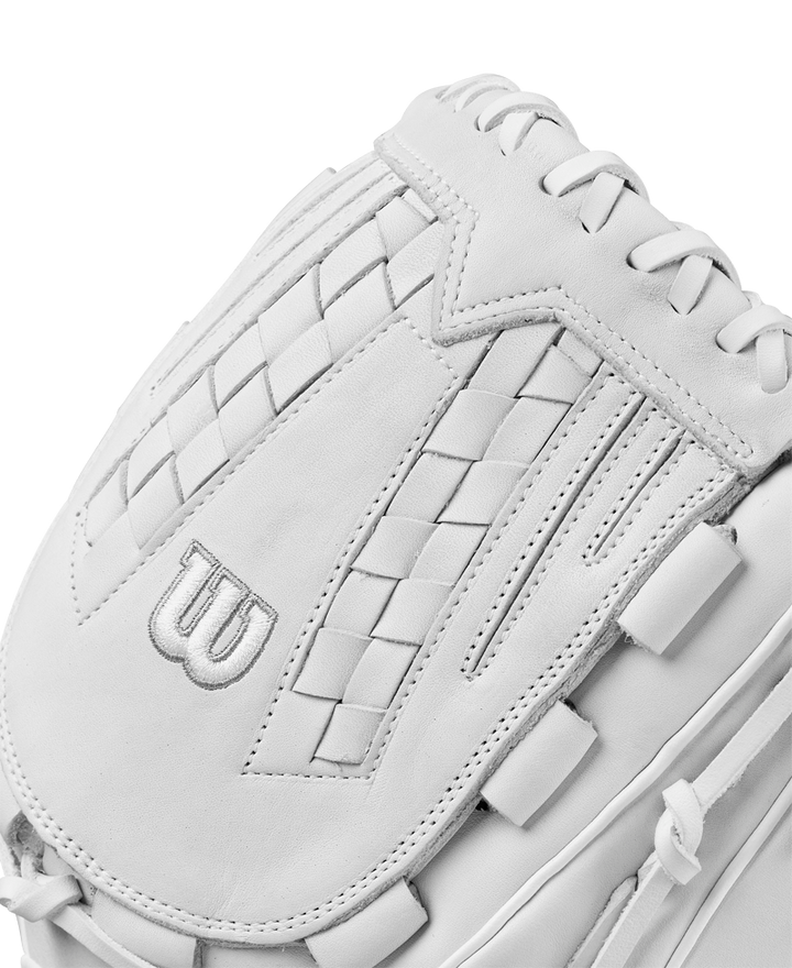 Close-up of the Wilson A1000 V125 12.5" Fastpitch Glove (WBW102594125) in white full grain leather with intricate stitching and the Wilson W logo—ideal for outfield play in fastpitch softball.