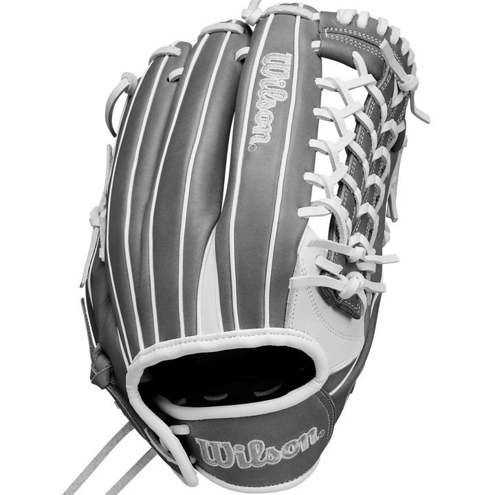 The Wilson A1000 T125 12.5" Fastpitch Glove (WBW102596125) features gray full grain leather, white stitching and laces, webbing detail, and Wilson branding—ideal as an outfield softball glove.