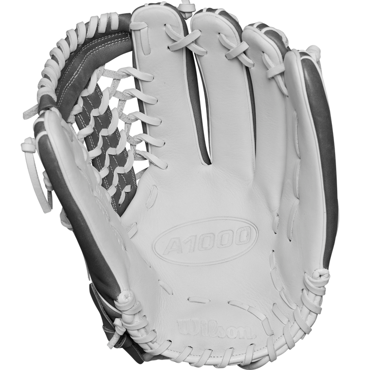 The Wilson A1000 T125 12.5" Fastpitch Glove (WBW102596125) by Wilson, made from full grain leather, sits on a white background—perfect for outfield fastpitch softball players.