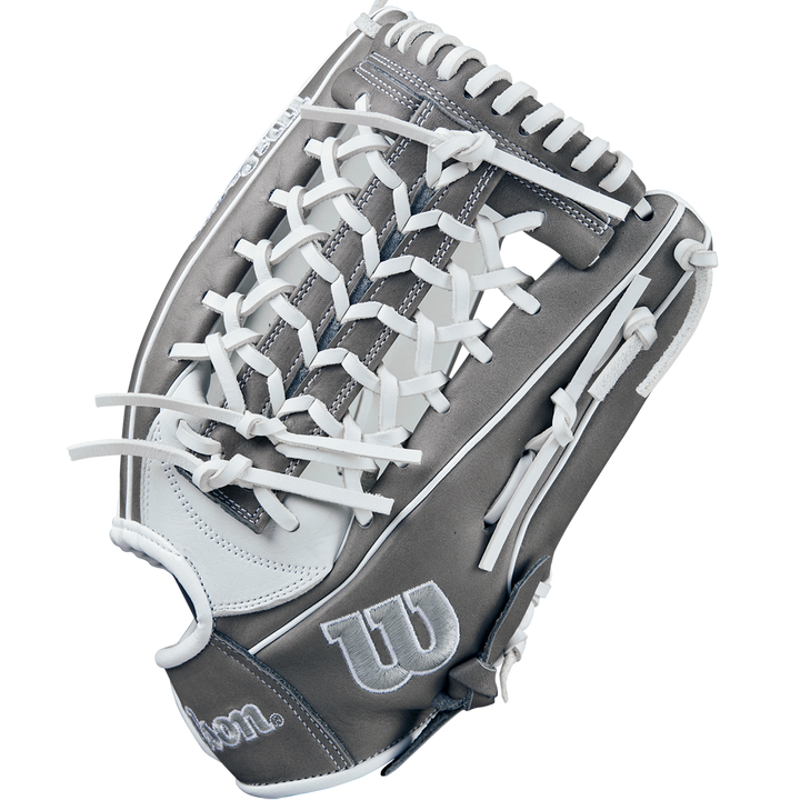 The Wilson A1000 T125 12.5" Fastpitch Glove (WBW102596125) is a gray and white outfield glove with white laces, Wilson logo on the thumb, full grain leather, and intricate webbing—perfect for fastpitch softball.