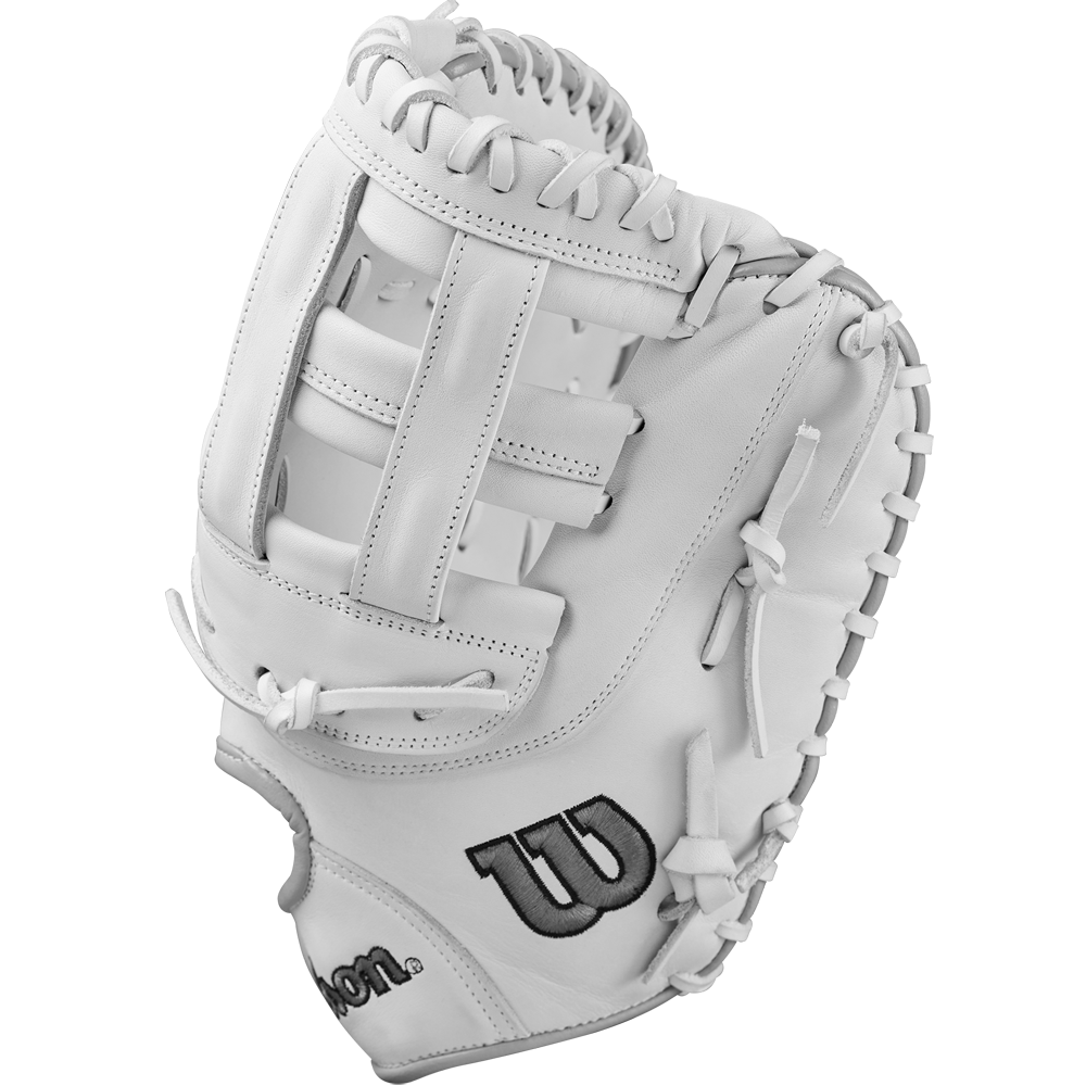 The Wilson A1000 1620 12.5" Fastpitch First Base Mitt (WBW102598125) features white full grain leather, black stitching, and the Wilson logo on the thumb, displayed against a plain white background.