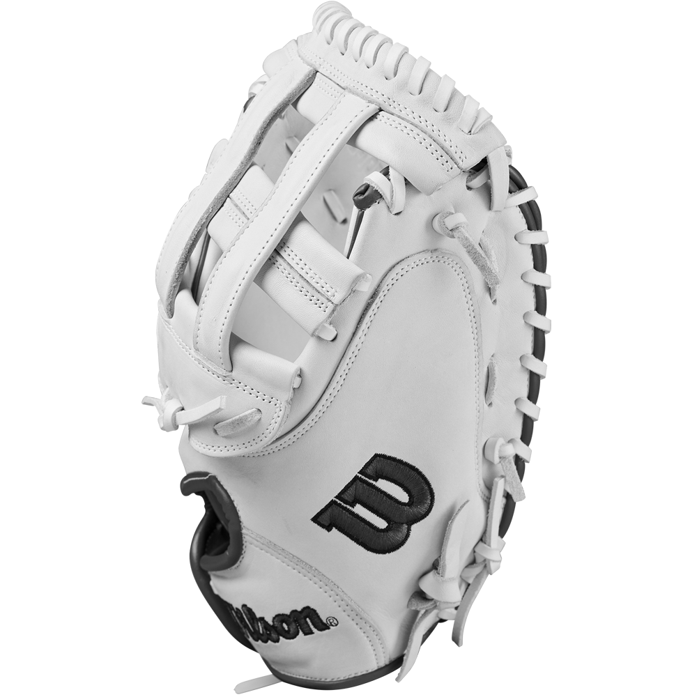 The Wilson A1000 CM33 33" Fastpitch Catcher's Mitt (WBW10260033) is a white catcher's mitt with black lettering, crafted from premium full grain leather.