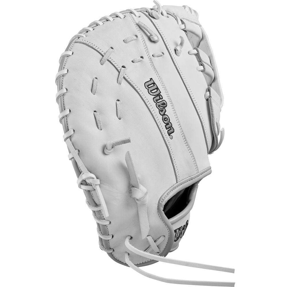 The Wilson A1000 CM33 33" Fastpitch Catcher's Mitt (WBW10260033) is a white full grain leather mitt with visible stitching and laces, featuring a 33” pocket and hand opening, shown at an angle.