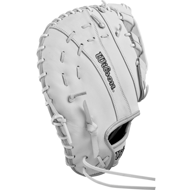 The Wilson A1000 CM33 33" Fastpitch Catcher's Mitt (WBW10260033) is a white full grain leather mitt with visible stitching and laces, featuring a 33” pocket and hand opening, shown at an angle.