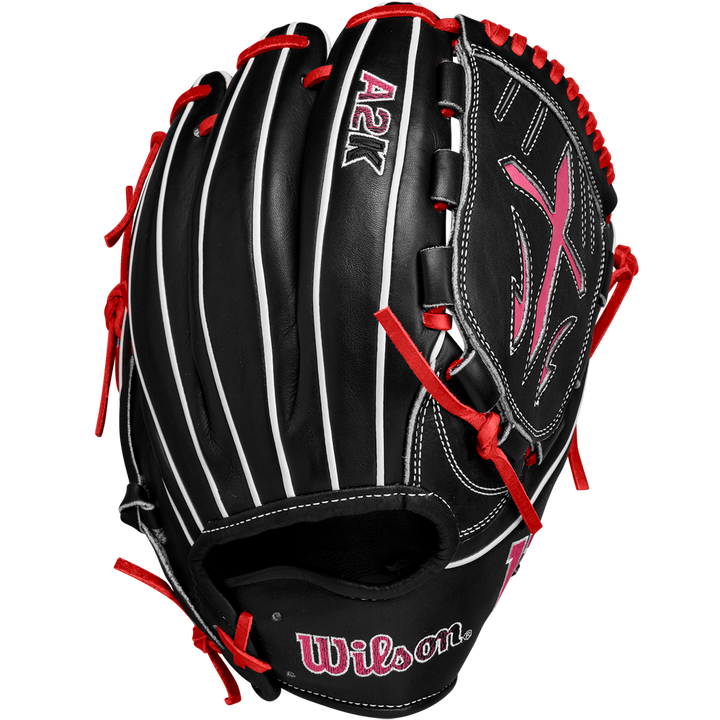 A Wilson A2K B23 12" Baseball Glove (FALL 2024, WBW10261812) in black Pro Stock leather, features red laces, white stitching, and pink embroidered accents; shown from the back on a white background.