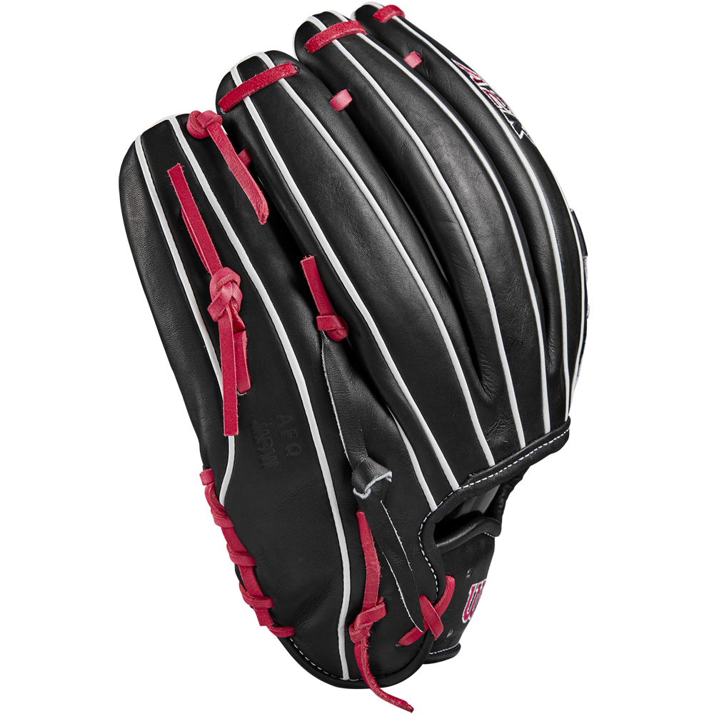 The Wilson A2K B23 12" Baseball Glove (FALL 2024) features red stripes, a unique Swordsman Web, and is crafted from premium Pro Stock leather.