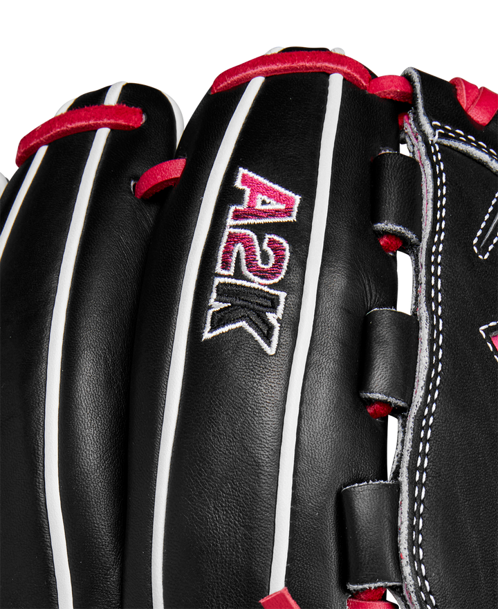 Close-up of the Wilson A2K B23 12" Baseball Glove (WBW10261812), featuring black Pro Stock leather, white and red A2K embroidery, white laces, and a detailed Swordsman Web. Part of Wilson’s Fall 2024 lineup.