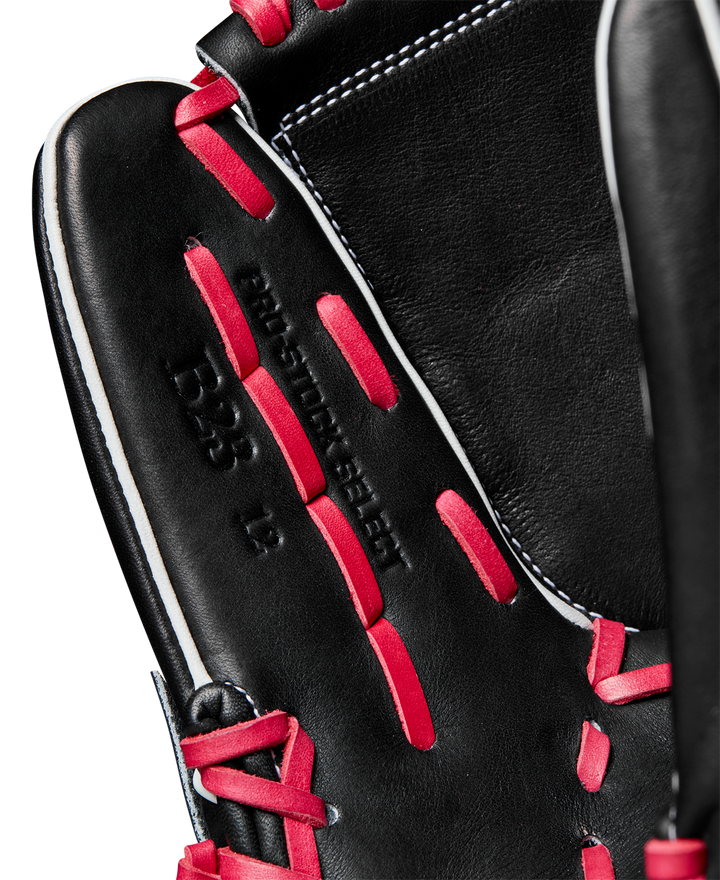 A close-up of the Wilson A2K B23 12" Baseball Glove (FALL 2024: WBW10261812) designed for pitchers.