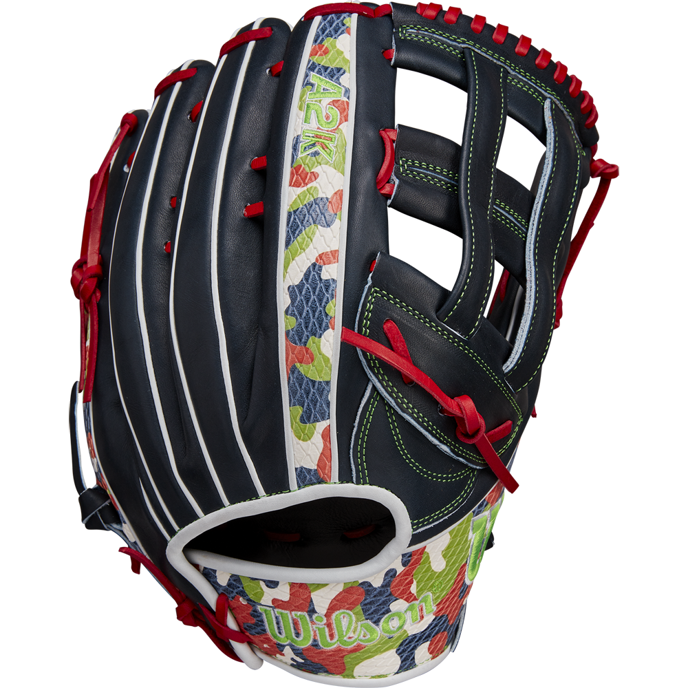 The Wilson A2K MH23 12.75" Michael Harris GM Baseball Glove (WBW1026201275) features Pro Stock Select leather with a black body, white stripes, red laces, green stitching, and colorful camo on the thumb and wrist.