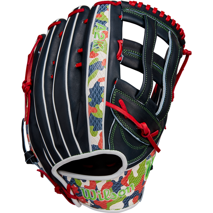 The Wilson A2K MH23 12.75" Michael Harris GM Baseball Glove (WBW1026201275) features Pro Stock Select leather with a black body, white stripes, red laces, green stitching, and colorful camo on the thumb and wrist.