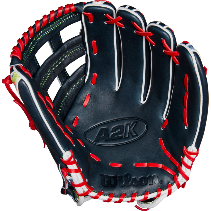 The Wilson A2K MH23 12.75" Michael Harris GM Baseball Glove (WBW1026201275) is shown palm-up against a white background. This black Wilson glove features red laces, white trim, green stitching, premium Pro Stock Select leather, and an open web design.