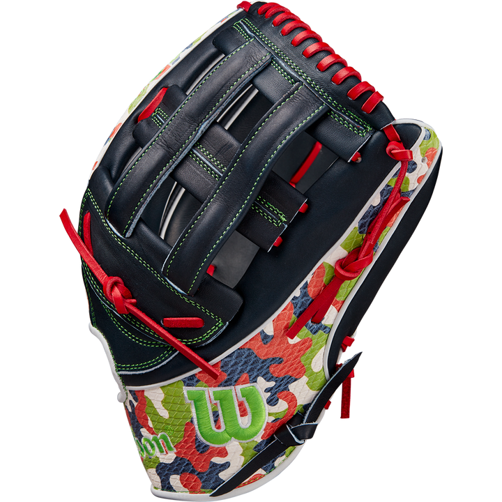 The Wilson A2K MH23 12.75" Michael Harris GM Baseball Glove (WBW1026201275) features camo print, black Pro Stock Select leather, red laces, green stitching, and a green W logo on the thumb—all shown on a white background.