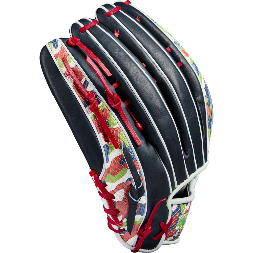 The Wilson A2K MH23 12.75" Michael Harris GM Baseball Glove features dark blue Pro Stock Select leather, red laces, white piping, and a bold floral and leaf pattern—expertly crafted for outfield play and inspired by Michael Harris.
