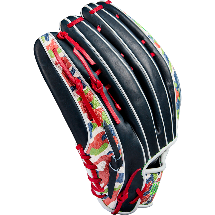 The Wilson A2K MH23 12.75" Michael Harris GM Baseball Glove features dark blue Pro Stock Select leather, red laces, white piping, and a bold floral and leaf pattern—expertly crafted for outfield play and inspired by Michael Harris.