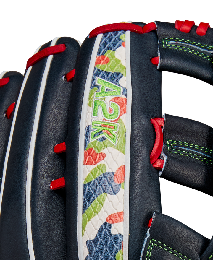 A close-up of the Wilson A2K MH23 12.75" Michael Harris GM Baseball Glove (WBW1026201275), made with Pro Stock Select leather—ideal for outfielders wanting top quality and performance.