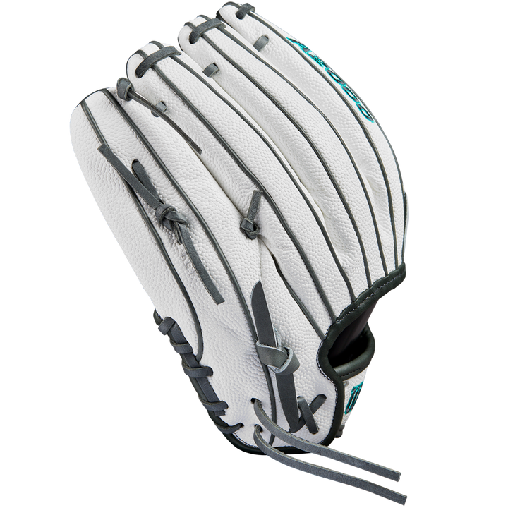 The Wilson A2000 H75SS 11.75" Fastpitch Glove (WBW1026231175) by Wilson is shown from the back, highlighting its white leather, grey laces, teal accents, and SuperSkin detailing against a plain white background.