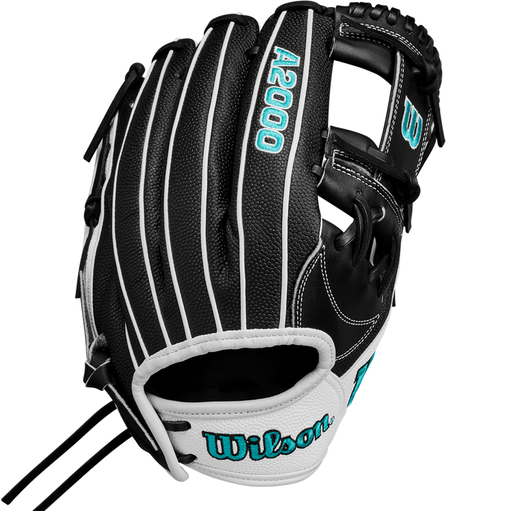 The Wilson A2000 H12SS 12" Fastpitch Glove (WBW10262412) features a black design with white stripes, teal stitching, white accents, and durable SuperSkin. The Wilson logo is shown on the wrist strap and thumb area.