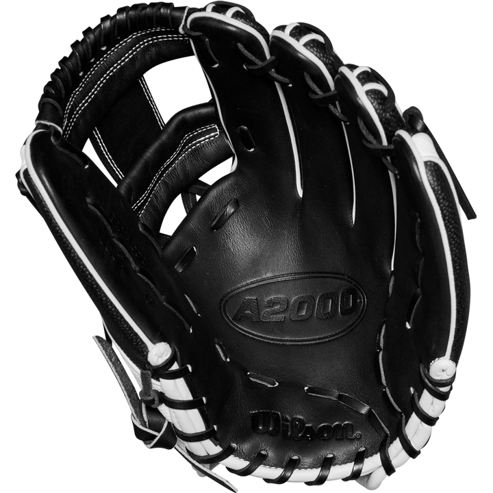 A Wilson A2000 H12SS 12" Fastpitch Glove (WBW10262412) in black with white laces and stitching is shown open, palm up, highlighting the Wilson branding and model name embossed on the leather.