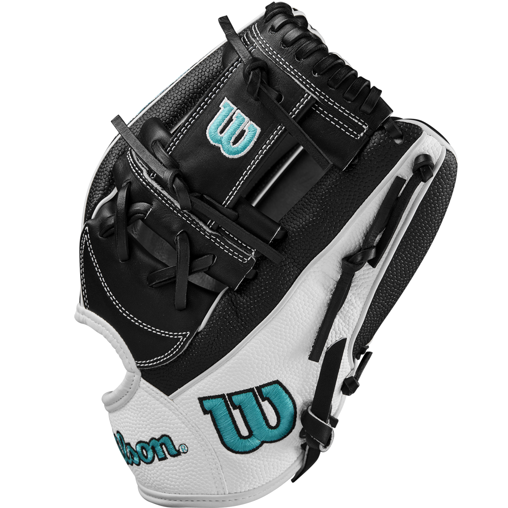 A Wilson A2000 H12SS 12" Fastpitch Glove (WBW10262412) in black and white with teal Wilson logos, black laces, and durable SuperSkin, is photographed against a plain white background.