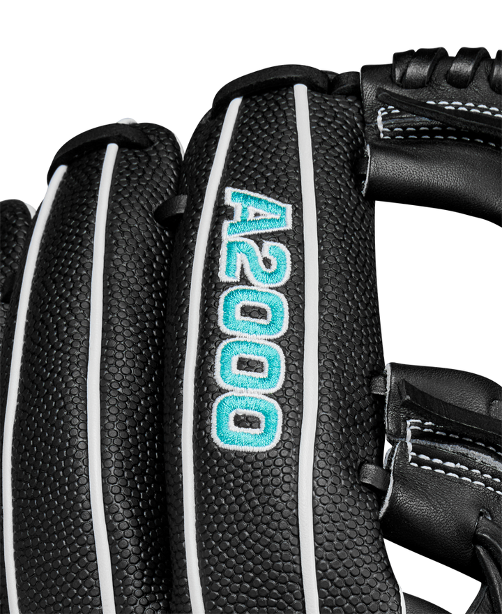 Close-up of the Wilson A2000 H12SS 12" Fastpitch Glove (WBW10262412) in black with white stitching, teal and white A2000 embroidery on the back, and durable SuperSkin construction.