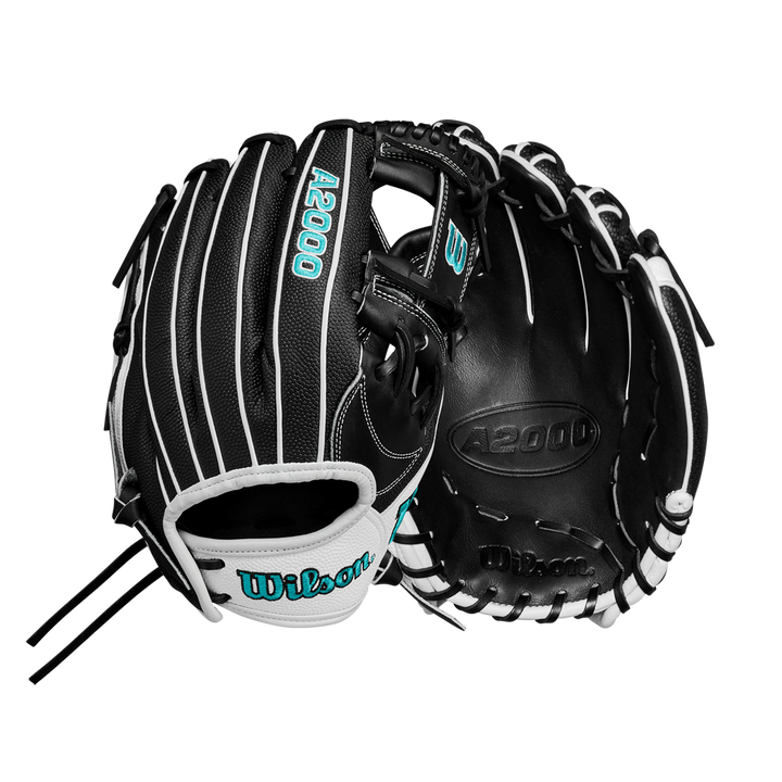 Two black Wilson A2000 H12SS 12" Fastpitch Gloves (WBW10262412) with white and teal accents are shown, one palm up and one showing the back, featuring the Wilson brand and signature SuperSkin material.