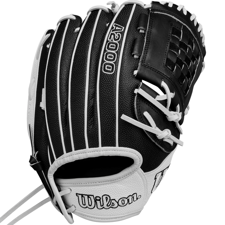 A Wilson A2000 P12 12" Fastpitch Glove (WBW10267512) in black and white with white laces and stitching, shown from the back with the Wilson logo by the wrist.