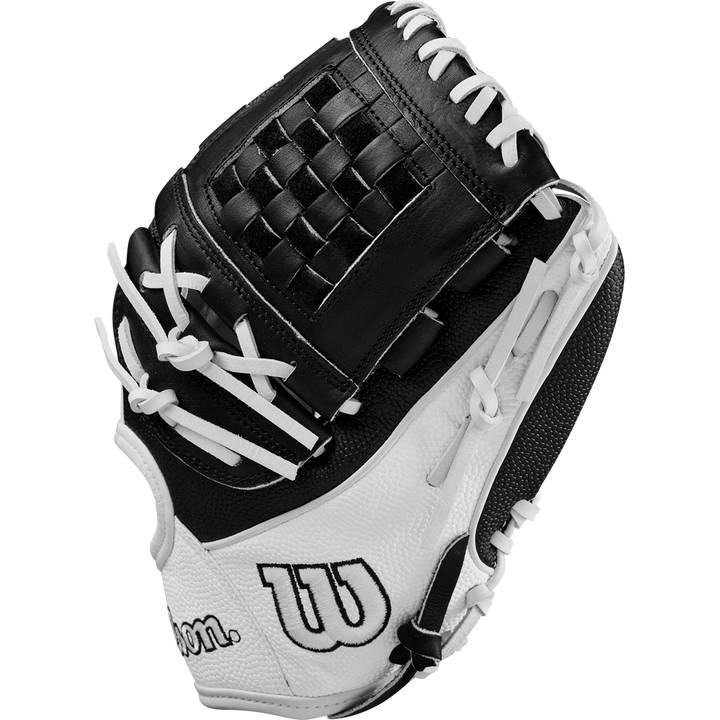 The Wilson A2000 P12 12" Fastpitch Glove (WBW10267512) by Wilson features a black and white design with white laces and a woven basket web, shown on a plain background.