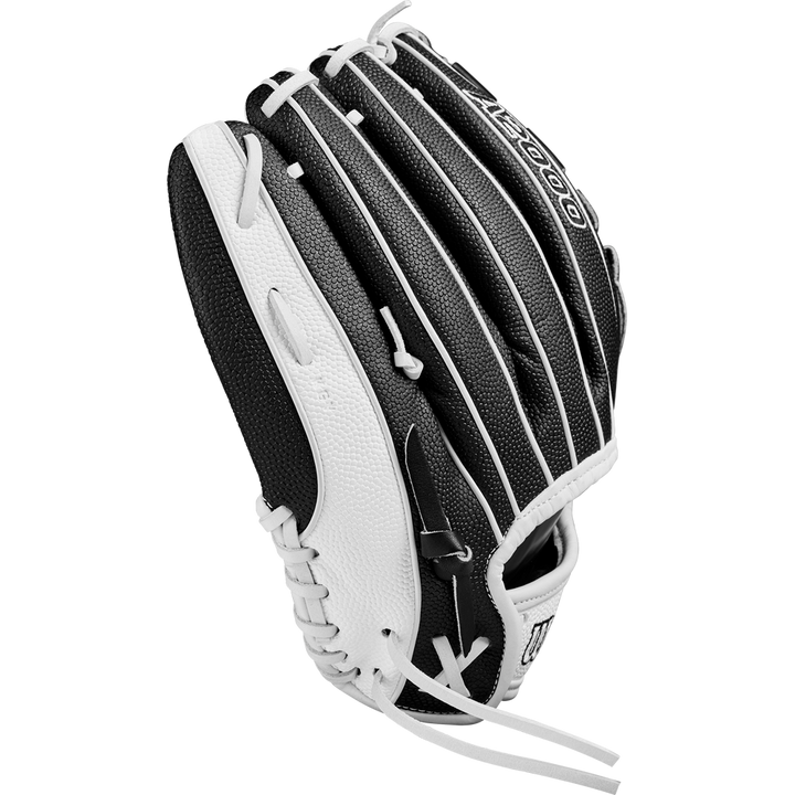 The Wilson A2000 P12 12" Fastpitch Glove (WBW10267512) is a black and white glove designed for fastpitch softball.