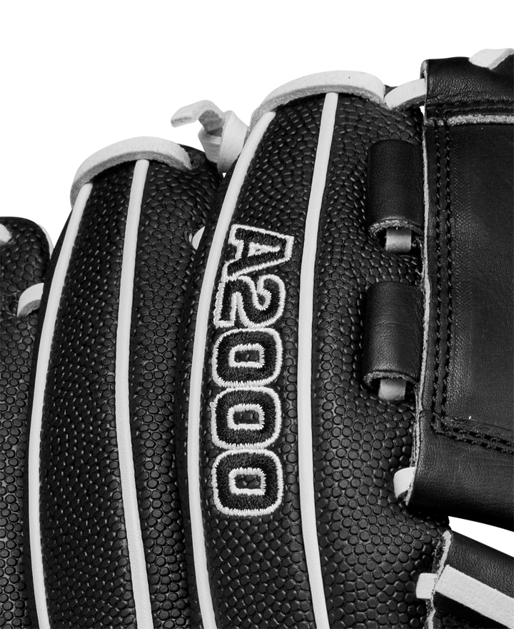 Close-up of the Wilson A2000 P12 12" Fastpitch Glove (WBW10267512), a premium black softball pitcher’s glove with white stitching and A2000 embroidered in white on the leather.