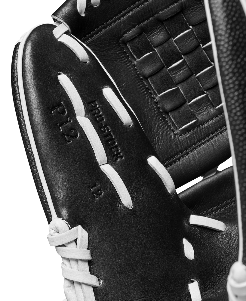 A close-up of the Wilson A2000 P12 12" Fastpitch Glove (WBW10267512) highlights its intricate lacing and detailed design.