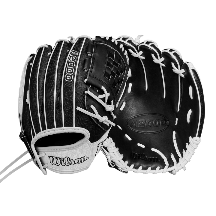 The Wilson A2000 P12 12" Fastpitch Glove: WBW10267512 is shown in black and white from two angles, highlighting the palm side and the back with Wilson branding and laces.