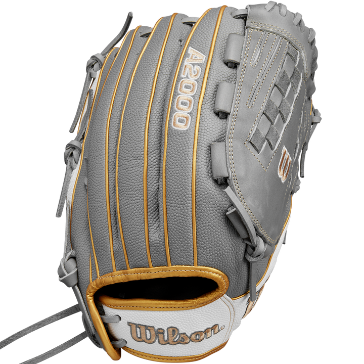 The Wilson A2000 V125SS 12.5" Fastpitch Glove (WBW102677125) features gray, tan, and white accents, detailed stitching, a woven web, and the Wilson logo near the wrist for style and durability.