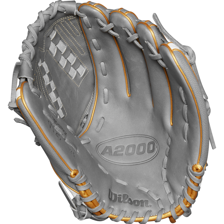 A close-up of the Wilson A2000 V125SS 12.5" Fastpitch Glove (WBW102677125) in gray, featuring gold-tan stitching and laces, with a clear view of the palm, webbing, and detailed Wilson branding inside.