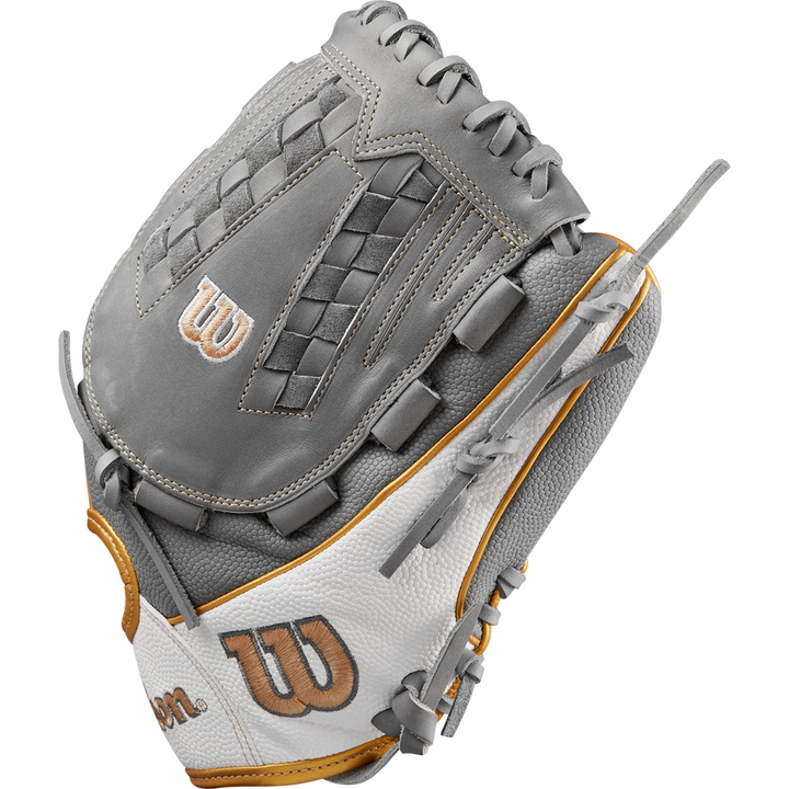 The Wilson A2000 V125SS 12.5" Fastpitch Glove (WBW102677125) features a gray and white design with gold accents, woven detailing, and the Wilson W logo on the thumb and wrist areas.