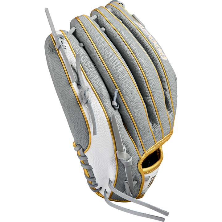 The Wilson A2000 V125SS 12.5" Fastpitch Glove (WBW102677125) by Wilson features a gray and white textured design with gold accents and gray laces, displayed from the back against a plain white background.