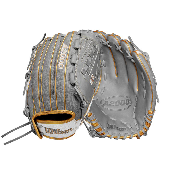 A gray Wilson A2000 V125SS 12.5" Fastpitch Glove (WBW102677125) with tan stitching and laces is shown from front and back, highlighting its fastpitch design and signature Wilson branding.