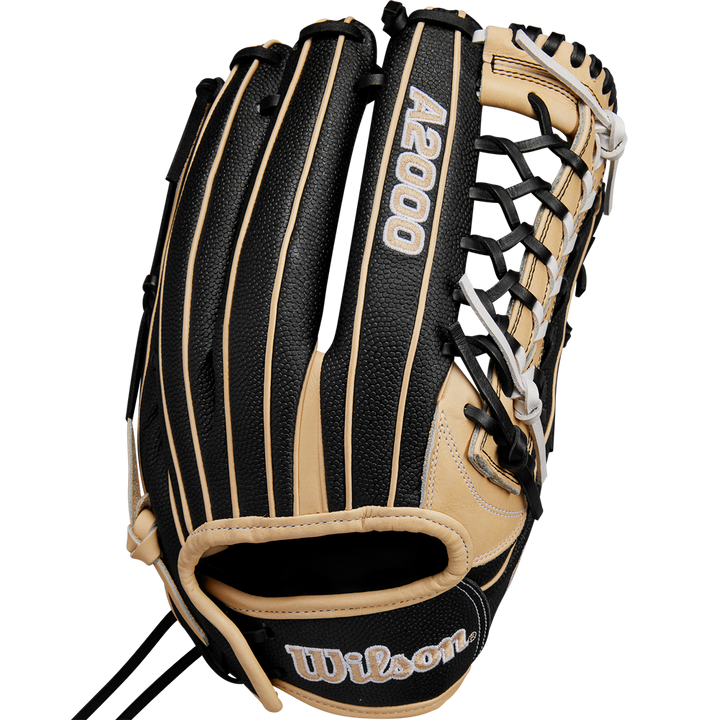 The Wilson A2000 T125SS 12.5" Fastpitch Glove (WBW102679125) by Wilson features a black and tan design with tan lacing, white-stitched branding, a Pro Laced T-Web pocket, and detailed stitching for outfield play.