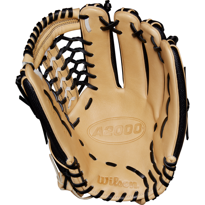 A Wilson A2000 T125SS 12.5" Fastpitch Glove (WBW102679125), in tan and black, features a Pro Laced T-Web and displays its woven web pattern and distinctive Wilson branding with the palm facing up.