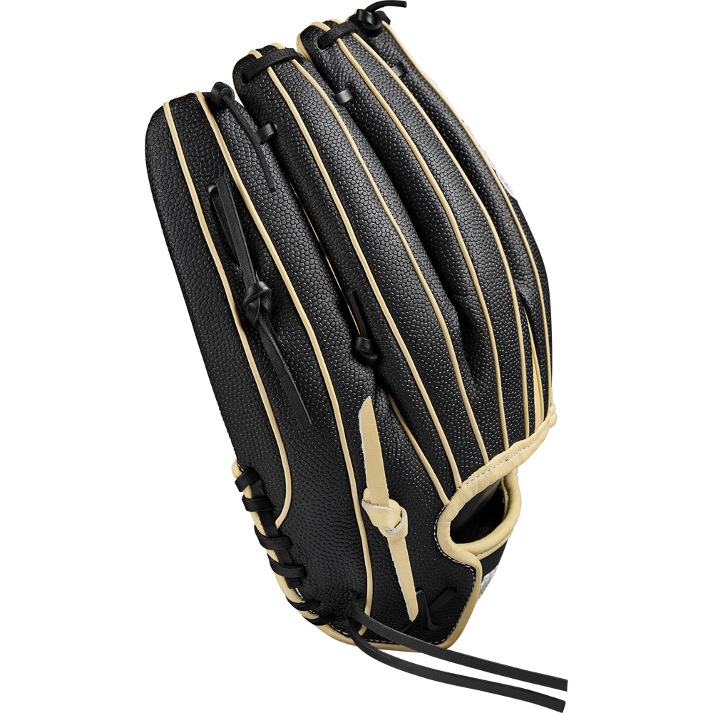 The Wilson A2000 T125SS 12.5" Fastpitch Glove features a black design with tan laces and trim, detailed stitching, and a woven Pro Laced T-Web on the fingers, shown from the back.