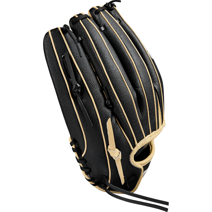 The Wilson A2000 T125SS 12.5" Fastpitch Glove features a black design with tan laces and trim, detailed stitching, and a woven Pro Laced T-Web on the fingers, shown from the back.
